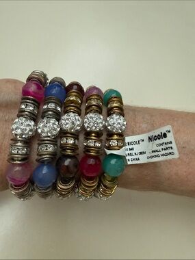 Nicole Faceted Bead and Crystal Stretch Bracelet Set in Blue, Pink, Brown, Green